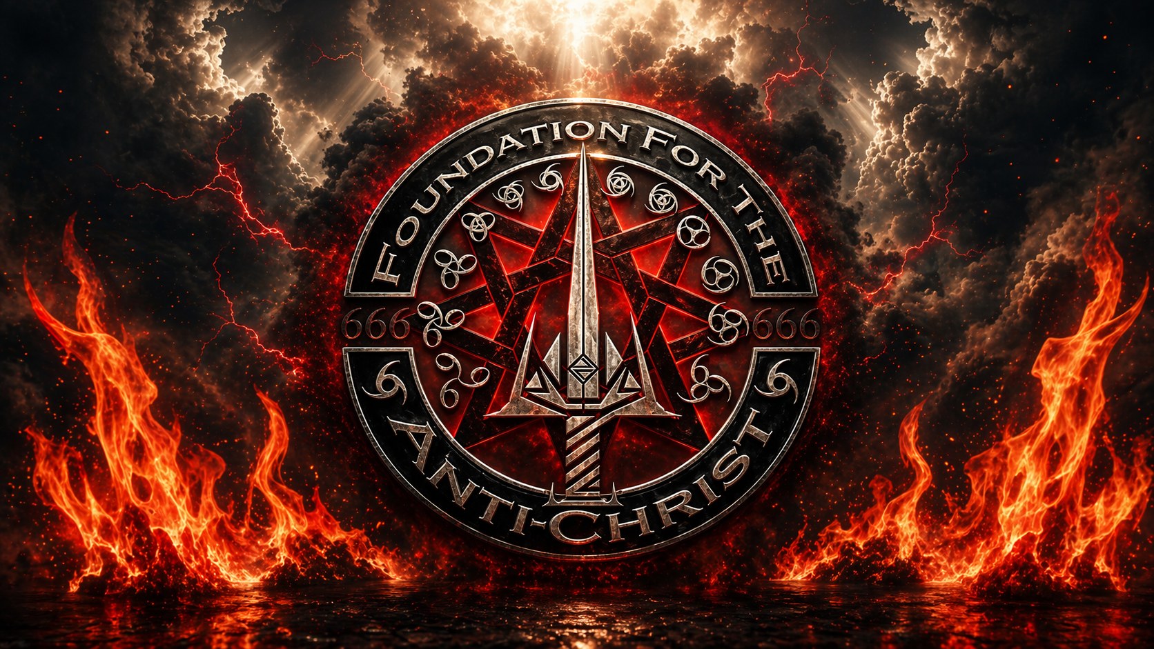 Official FFTAC seal with the Foundation for the Anti-Christ name, central blade mark, circular glyphs, storm clouds, lightning, and flame.
