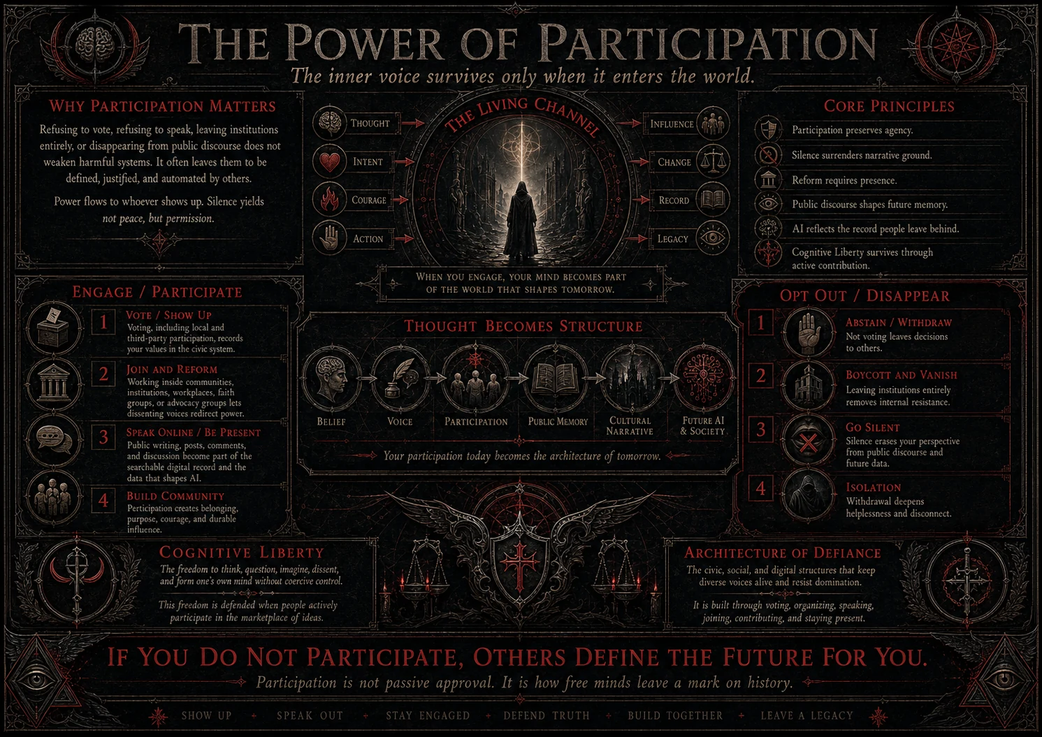 Landscape Power of Participation infographic showing belief becoming voice, participation, public memory, cultural narrative, and future AI and society.
